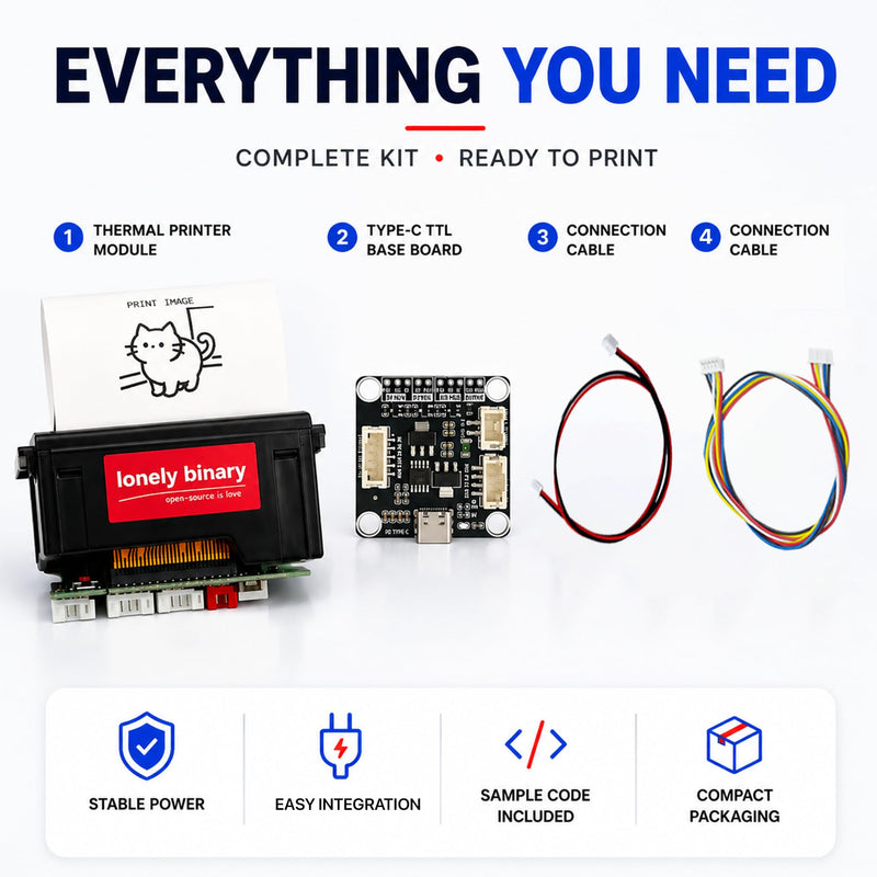Lonely Binary 58mm Thermal Receipt Printer Kit Type-C for ESP32 & Arduino | USB-C PD 9V powered, single cable; UART TTL & RS232; 203 DPI, 48mm width; Pico, STM32; POS, IoT, taximeter, data logger