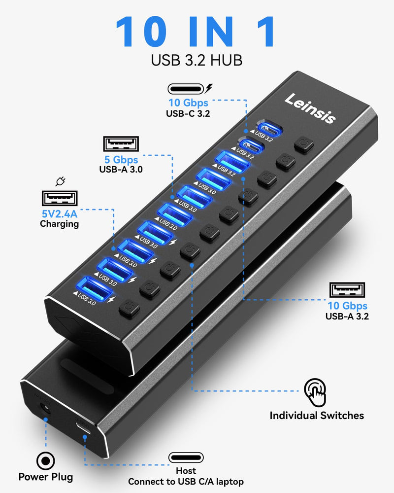 Powered USB Hub 3.2, LEINSIS 10-Port USB 3.2/USB C Hub (10Gbps USB-A 3.2 +2 USB-C 3.2 +7 USB 3.0 Ports) with Individual On/Off Switches and 12V Power Adapter, Aluminum USB Hub Powered for Laptop PC 10-Port USB 3.2 Hub light black