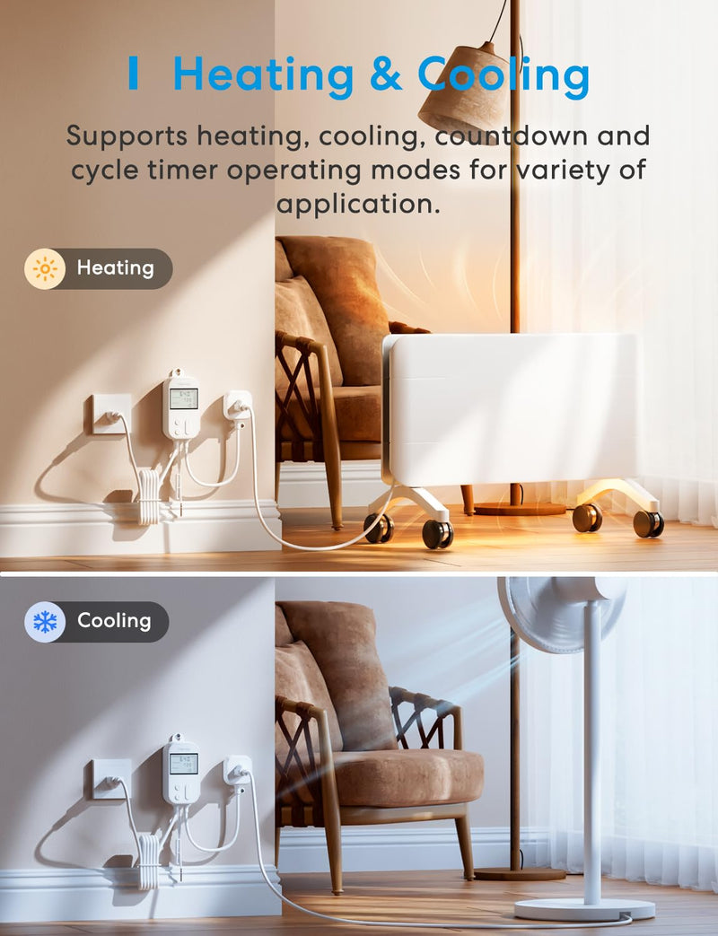 meross Smart Temperature Controller 15A 1800W, Smart Wi-Fi Thermostat Controlled Outlet Plug Works with Apple Home, Alexa, Google Home for Heating Cooling Homebrew Fermentation Reptiles Greenhouse New Temperature Controller