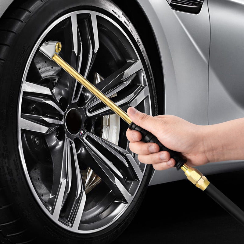 Spurtar 12" Extended Dually Locking Air Chuck for Tires,1/4" FNPT Air Compressor Attachments with Rubber Handle, 2-Way Brass Tire Inflator - Quick Connect Plug as Semi Truck, RV, Truck Accessories 1 Pc