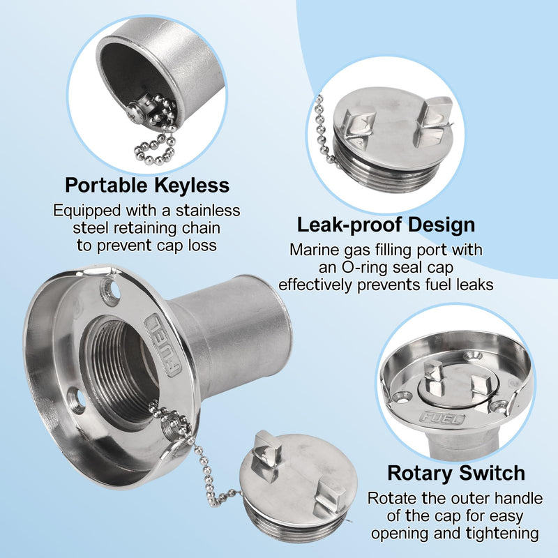 Boat Gas Cap,1-1/2"(38mm) Gas Tank Filler Neck with Keyless Cap, Boat Fuel Cap, Marine Mirror Polished 316 Stainless Steel Hardware for Boat Gas/Fuel/Diesel/Water/Waste Deck Fill