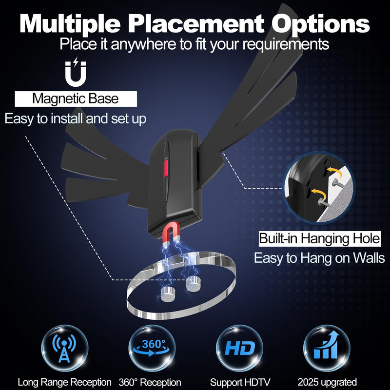 TV Antenna for Smart TV 2026, Long Range 360° Reception Digital Antenna with Magnetic Base for Local Channels Indoor/Outdoor, Supports 4K 1080p, 16.66FT Cable, for Smart/Old TVs STG-01