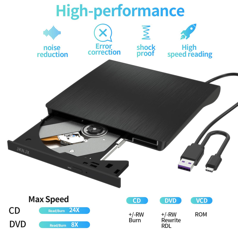 2 in 1 External CD DVD Drive, USB 3.0 and Type-C Disc Reader Burner Player | Optical Drive for PC Laptop Desktop MacBook Mac Windows Linux OS Apple Dark Black