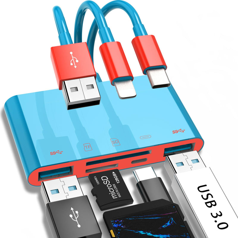 5-in-1 Memory Card Reader, USB OTG Adapter & SD Card Reader for i-Phone/i-Pad, USB C and USB A Devices with Micro SD & SD Card Slots, Supports SD/Micro SD/SDHC/SDXC/MMC(BlueRed) BlueRed