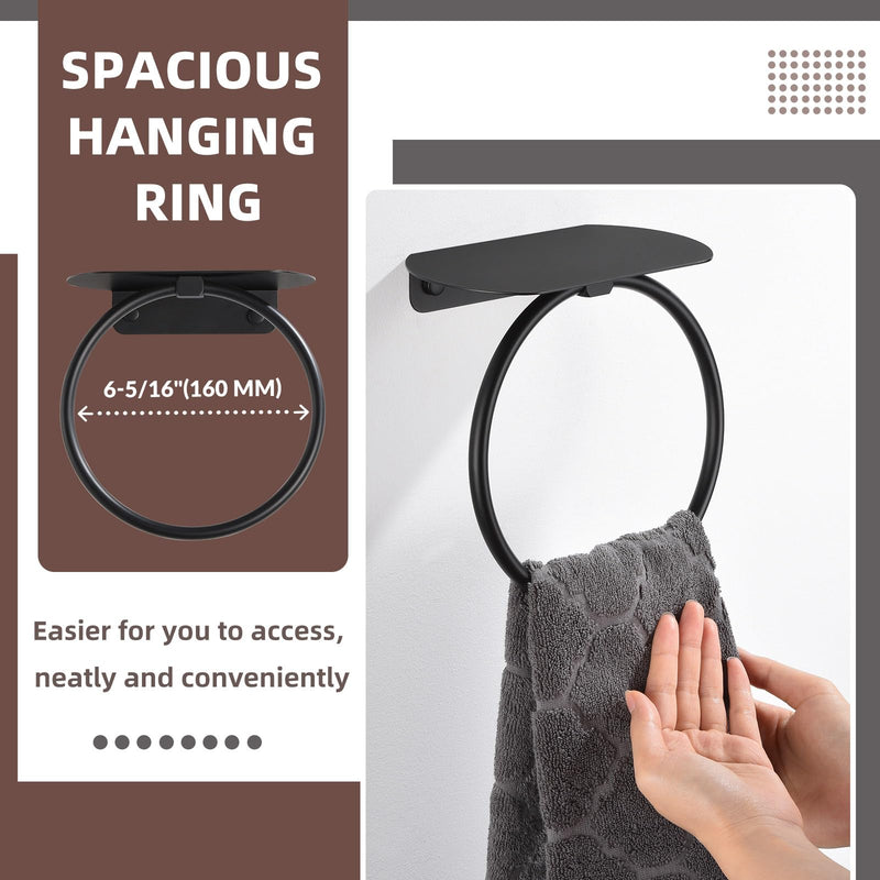 APLusee Matte Black Bath Towel Ring with Shelf, Stainless Steel Towel Holder, Wall Mount