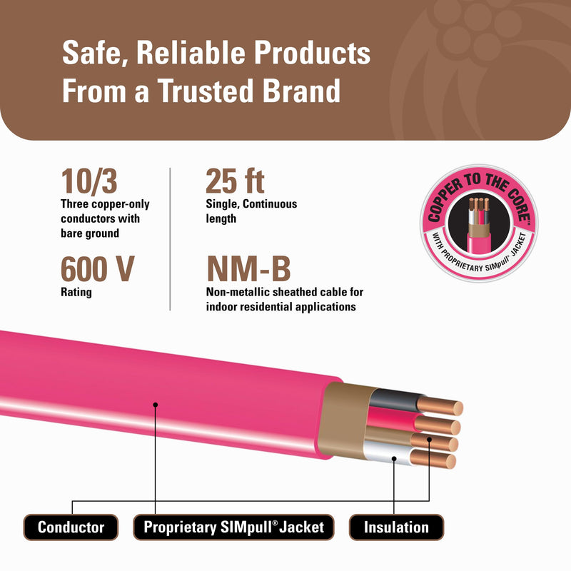 Southwire Romex SIMpull™ Residential Wire, 10 Gauge, 3 Conductor, 25Ft, NMW/G Wire, Pink, 63948521