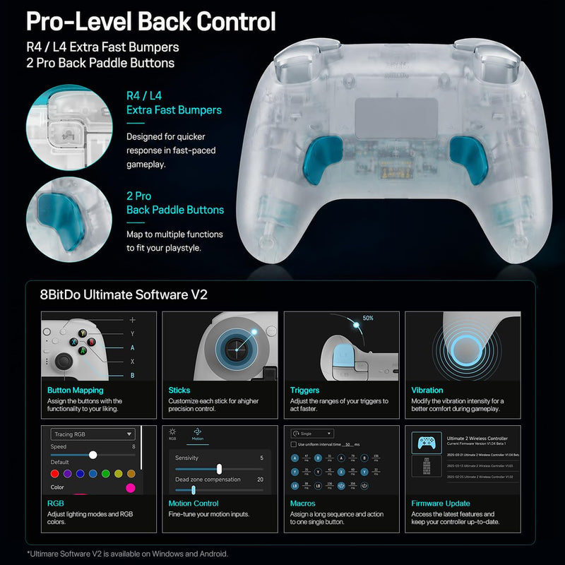 8Bitdo Ultimate 2 Wireless Controller for Windows&Android, Clear Blue | TMR Joysticks,1000Hz Rate,Switchable Hall/TactileTriggers,Motion Control,Programmable Back Paddle Buttons&L4/R4 Bumpers