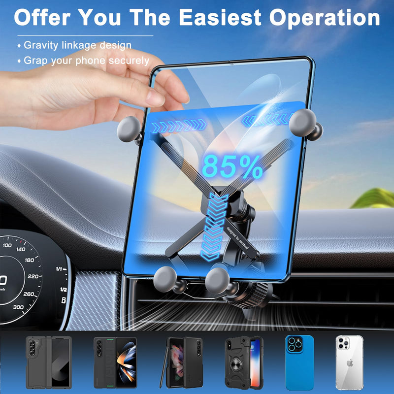 Z Fold 8 Car Mount Accessories, Gravity Linkage, Long Arm Vent Clip | Cell Phone Holder Mount for Z Fold 8 7 Pixel Pro Fold iPhone Android, 2 Forms Change, One Hand Operation, Thick Case Friendly