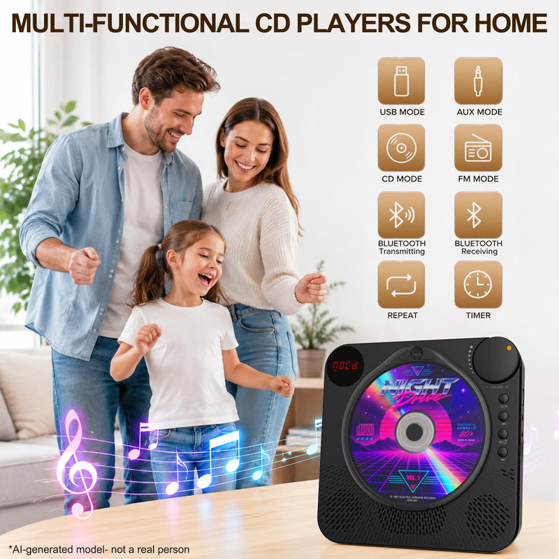 Portable CD Player with Bluetooth 5.4 for Daily Home Use & Gift,Exercise | Desktop CD Players with HiFi Speakers, LED Display, Remote Control, Charging Cable, Timer, FM Radio, USB, AUX, Headphone Jack Black