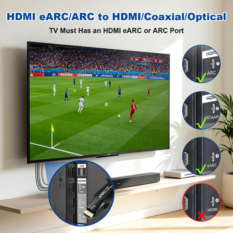 192 Khz HDMI ARC/eARC to HDMI Optical Coaxial Audio Converter Cable | 1.5 m/4.92 ft HDMI ARC/eARC Audio Extractor Cable for Soundbars Amplifiers and Speaker, Supports PCM 2.0, Dolby 5.1 & DTS 5.1