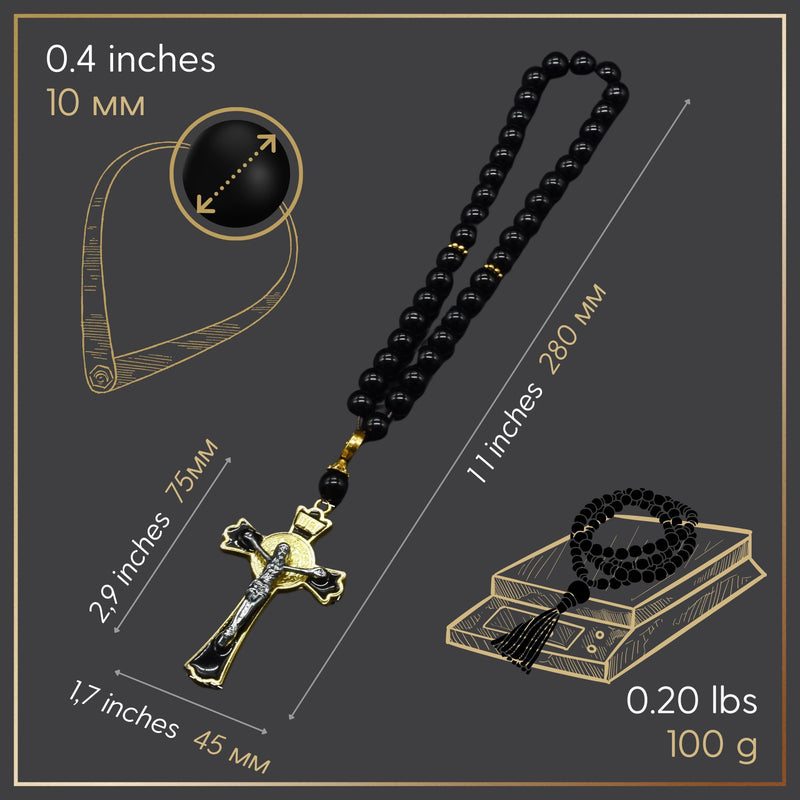 Car Rosary for Rearview Vehicle Mirror, Rosary Beads Catholic for Women, Black Rosary for Men, Cross for Car Mirror Hanging, Medal Cross Saint Benedict Rosary for Car & Truck - Christian Gift 40 Beads