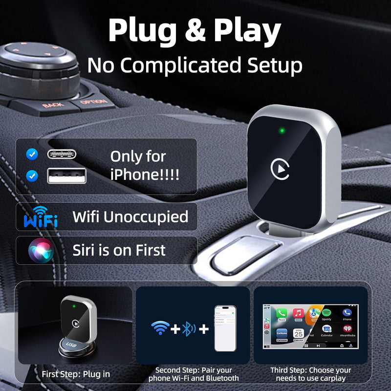 Wireless CarPlay Adapter for iPhone, 5.8GHz WiFi Bluetooth 5.3 Fast Auto Connect Dongle, USB A/C Dual Port Mini Metal Shell, Plug & Play Compatible with Factory Wired CarPlay Cars Silver