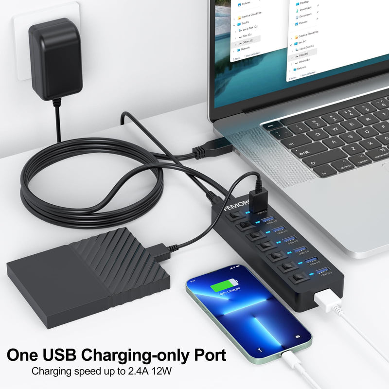 Powered USB Hub 3.0, 5Gbps Data Transfer 7 Ports and 12W Charging-only 1 Port with 5V/3A Power Adapter 4Ft Long Cable & Individual Switches for Laptop PC Flash Drive External SSD HDD Keyboard Mouse 1 Pack 7 USB 3.0 +1 Charging