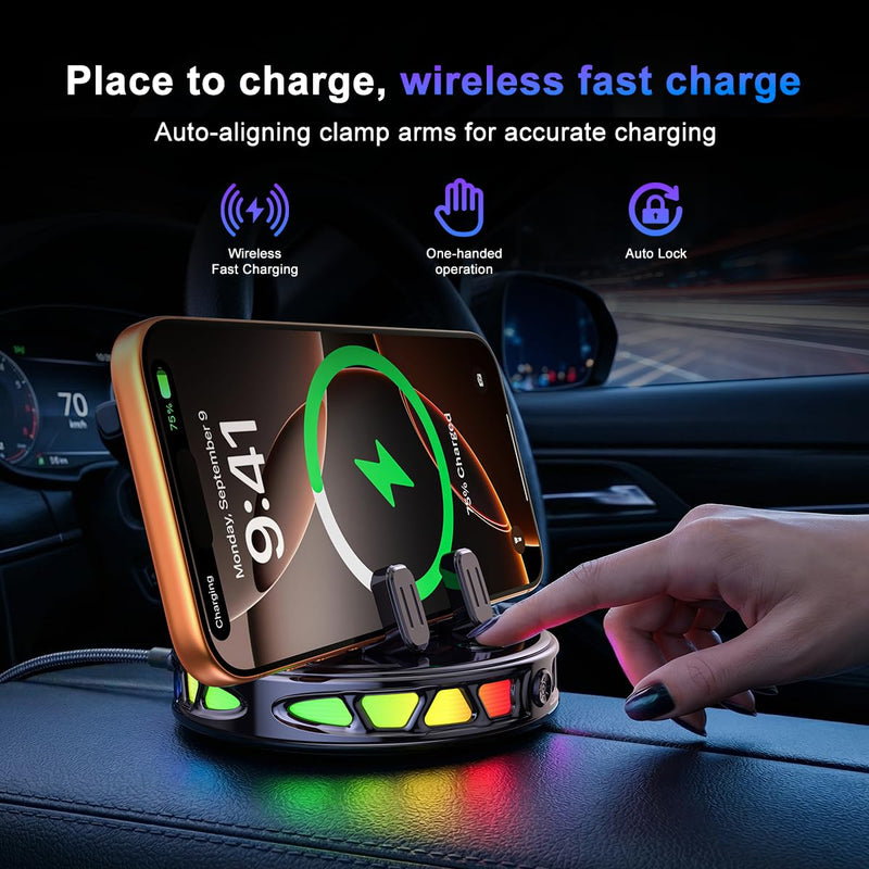 Wireless Car Charger Dashboard Phone Holder,15W Fast Charging One-Hand Operation Rotatable Bracket with RGB Light,Anti-Slip Navigation Mount with Strong Suction Cup, for Most Smart Phone