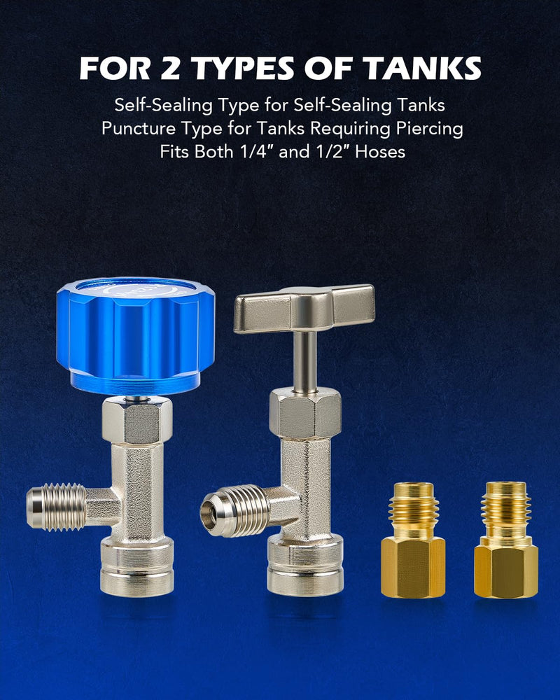 Orion Motor Tech R1234yf Quick Couplers Set, R1234yf Adapter Tool Kit with Self-Sealing & Puncture Can Tap, High & Low R1234yf Couplers Set with Valve Core Remover for 1/4" & 1/2" HVAC Charging Hoses