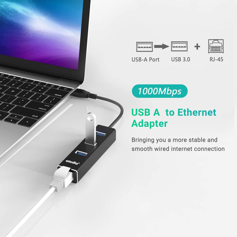 USB to Ethernet Adapter, atolla 3 Ports USB 3.0 Hub with 10/100/1000 Mbps LAN RJ45 Gigabit Network Adapter, Supports Windows 10/8/7, Mac OS, Linux