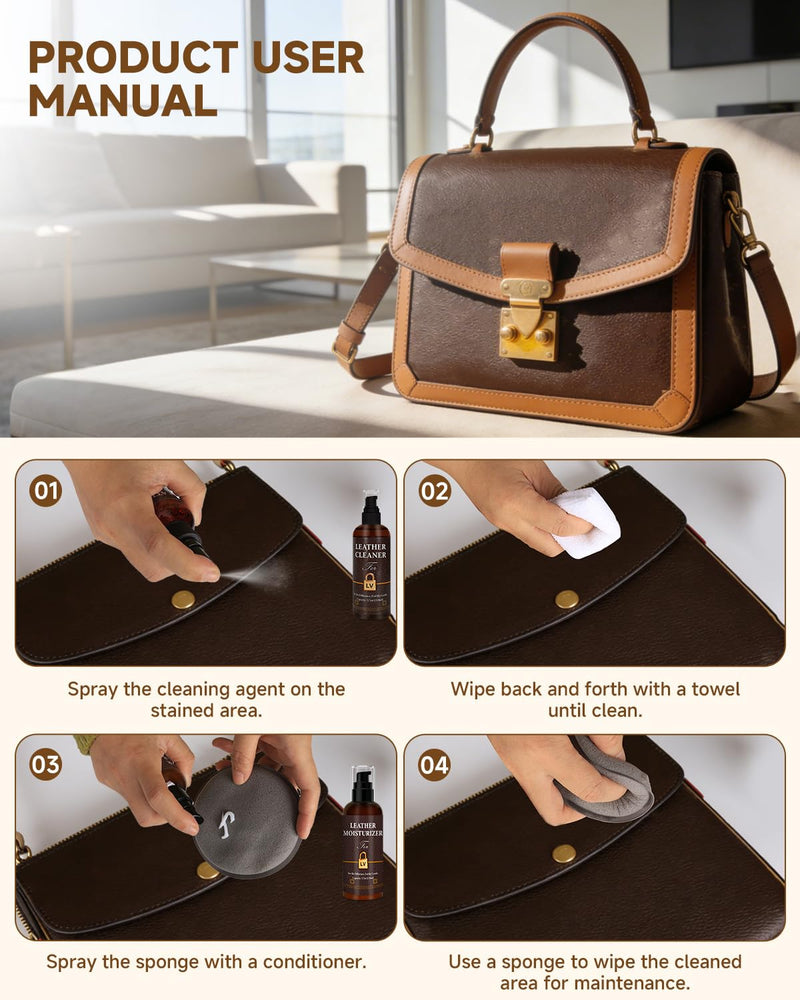 Leather Cleaner & Moisturizer Set for Louis Vuitton, Cleaning and Maintenance Set for LV, Powerful Stain Removal, Gentle Care, Suitable for LV Handbags/Wallets and Other Luxury Brands