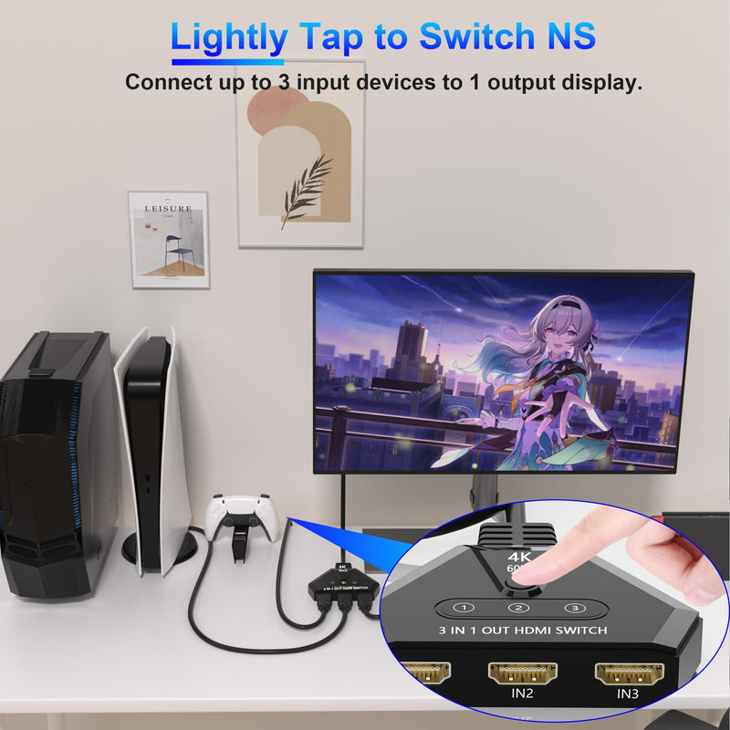 HDMI Switch 3 in 1 Out, 4K@60Hz HDMI Switcher with Gold Plated Ports, Plug & Play, Supports Full HD 1080P 3D Compatible with Roku TV Stick HDTV PS4/PS5 Xbox, Ideal for Home Theater, Gaming, Streaming