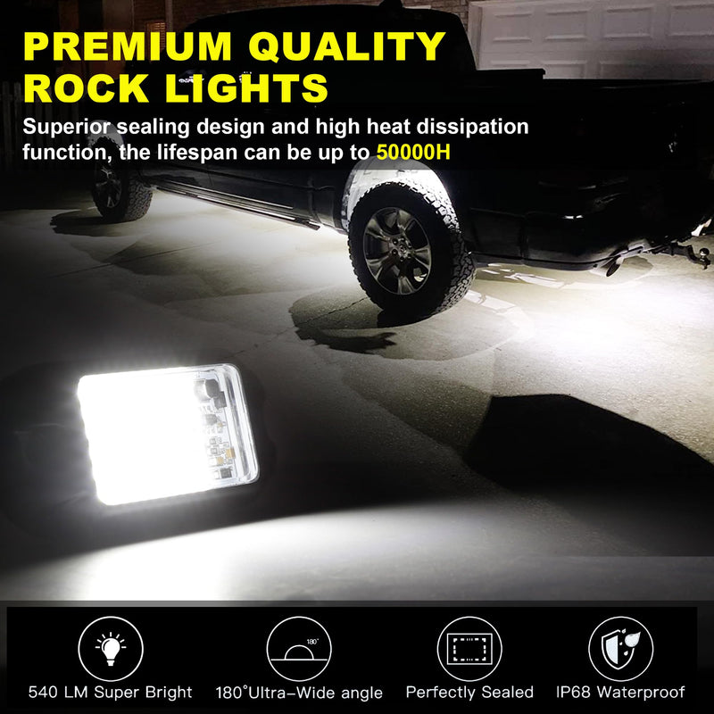 Nicoko 4Pods Pure White 72 Leds SMD Chips 72w High Power Rock Lights Super Bright White Offroad Car Boat Underglow Lights IP68 Waterproof for Truck SUV UTV ATV RZR Pure white rock lights