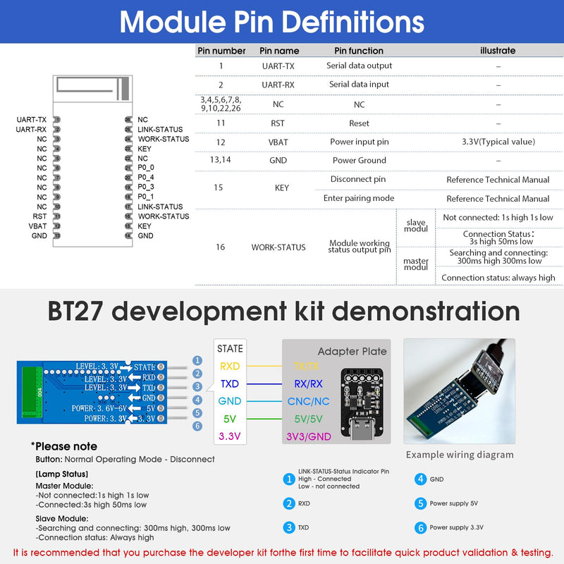 Pair of DX-BT27-A Bluetooth Module, BLE 5.1 for Arduino Master and Slave, Wireless Bluetooth RF Transceiver, Serial Communication, Pass Through Module, Compatible with Android/iOS