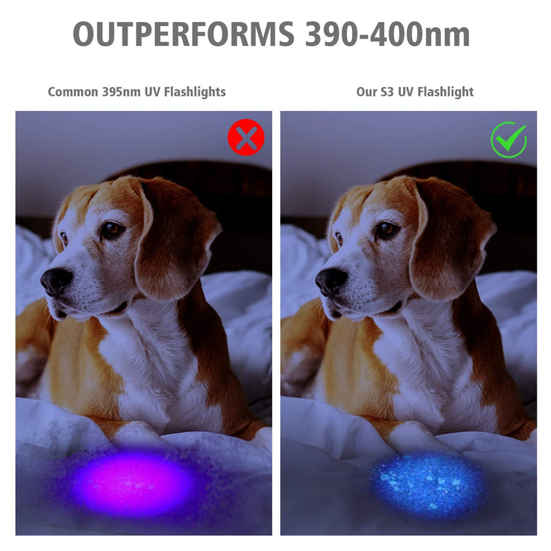 S3 365nm UV Flashlight with 3 LEDs, Powerful Blacklight Flashlights for Pet Urine Detection, Resin Curing, Rocks, Scorpion