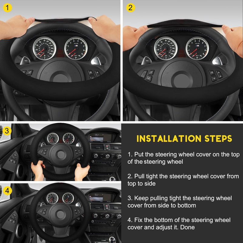 Suede Steering Wheel Cover with Upgraded Silicone Inner Ring, Anti Heat, Breathable, Anti-Slip, Leather Universal 14.5 to 15 inch Steering Wheel Cover (Pure Black) Pure Black