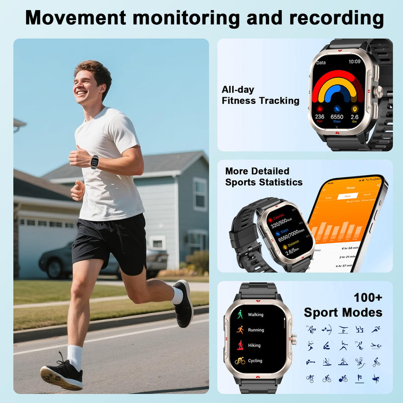 Smart Watch for Men Built-in GPS, 2.06" Military Fitness Tracker IP68 Waterproof, Fitness Watch with Heart Rate/Sleep, Smartwatch with Answer/Make Calls, 100+ Sport Modes for iPhone/Android, Black A-Black