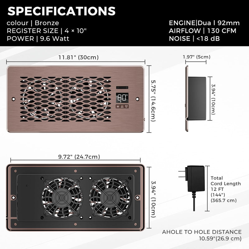 Built-in Register Booster Fan with Cover for Air Heat Vent with Fan,Fits 4"x10" Duct/Ceiling/Floor Vents, Improves AC & Heating/Cooling,Quiet 10-Speed Household/Bedroom Ventilation,smart,Bronze Bronze