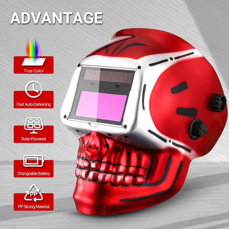 Welding Helmet Auto Darkening: DEKORPO True Color Solar Powered Auto Darkening Welding Welder Mask Hood Helmets MZ801T-Skull Red
