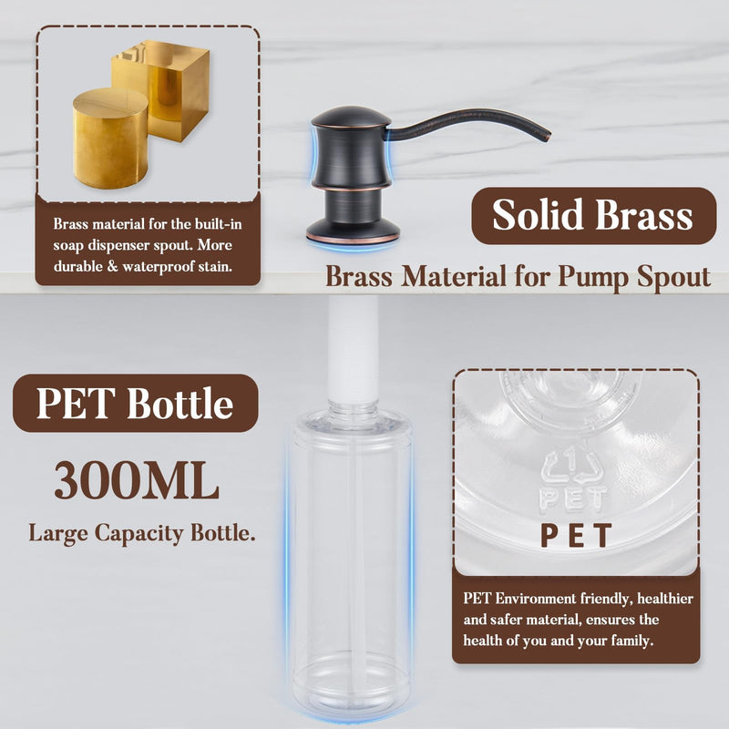 Built in Soap Dispenser for Kitchen Sink Countertop, Solid Brass Pump Head Long Spout with 10.2 Ounce PET Food Safe Material Lotion Bottle, Oil Rubber Bronze Finish Orb