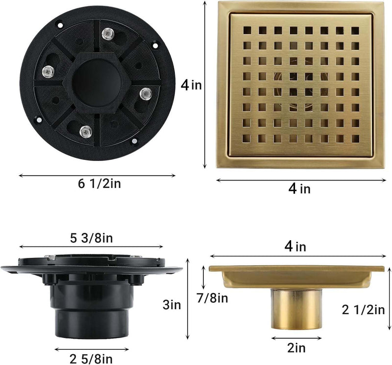 4 Inch Square Shower Floor Drain, Stainless Steel Black Shower Drain Kit with Flange, Floor Drain with Removable Grid Cover,Brushed Gold 4 inch-Grid Brushed Gold