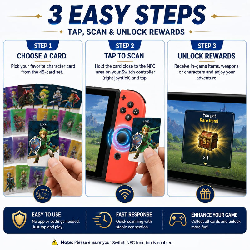 45 PCS NFC Mini Cards Set for Nintendo Switch - Unique Reusable Collectible Cards, Easy Scan Cards Compatible with TOTK, BOTW & SSHD Adventure Games, Gift for Players