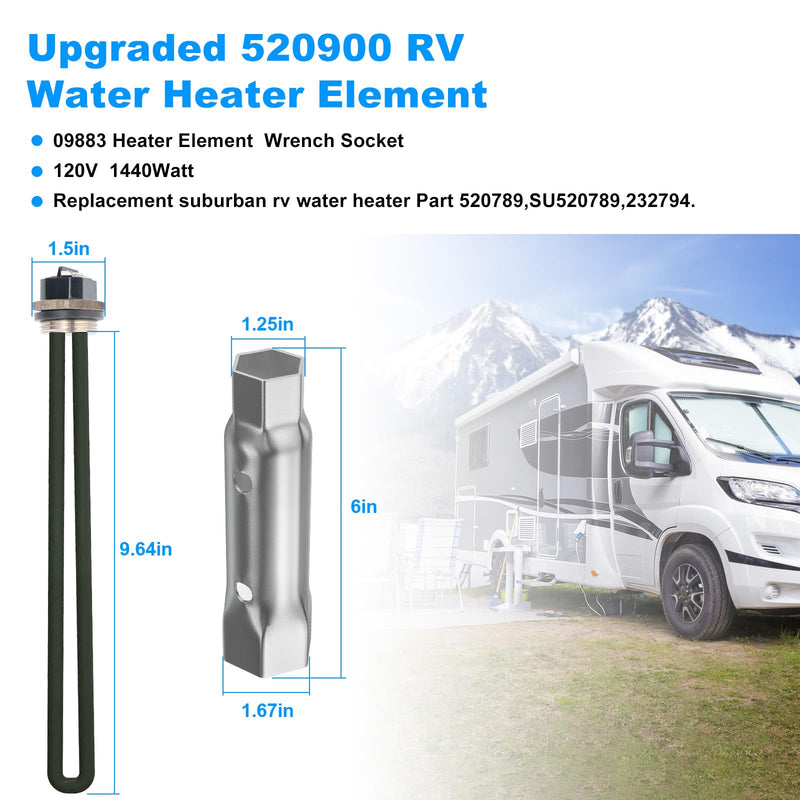𝗡𝗲𝘄 𝙐𝙥𝙜𝙧𝙖𝙙𝙚𝙙 RV Water Heater Element 520900 Replacement Suburban SW6DE SW10DE SW12DE 520789 FOR Suburban RV Water Heater Parts SW Series Electric Water Heater-120V 1440W,With 09883 Wrench