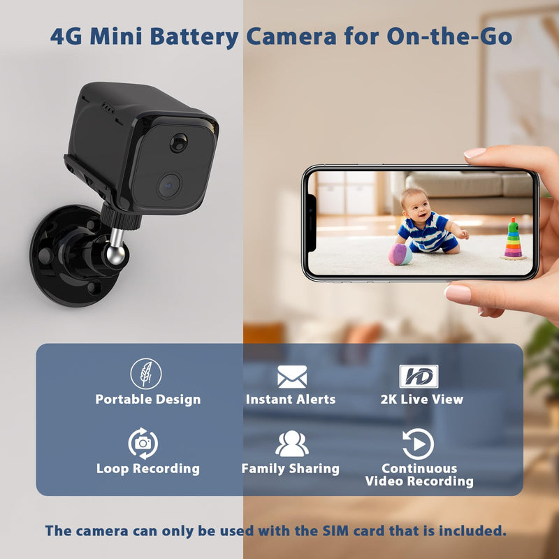 Cellular Security Camera Wireless, No WiFi Security Camera Indoor, 4G LTE Home/Office Cam with Auto Night Vision, Built-in SIM Card, 2K Live Video, 20 Day Standby Battery, PIR Motion Detection Single Lens-4G LTE