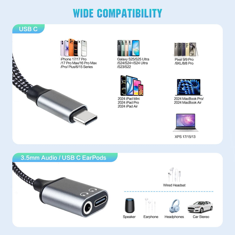 USB-C to 3.5mm Headphone Adapter, Supports 60W PD Fast Charging, 3-in-1 Type-C to AUX, Type-C Audio Interface and USB-C Charging, Hi-Fi DAC Sound Quality, Compatible with iPhone 15 and Samsung S24.