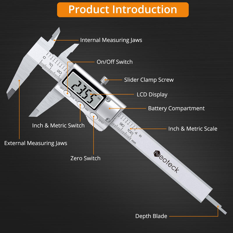 Neoteck 4 inch/100mm Digital Caliper, Stainless Steel Electronic Calipers Measuring Tool inch/mm Conversion, Large LCD Screen 4 inch Digital Caliper