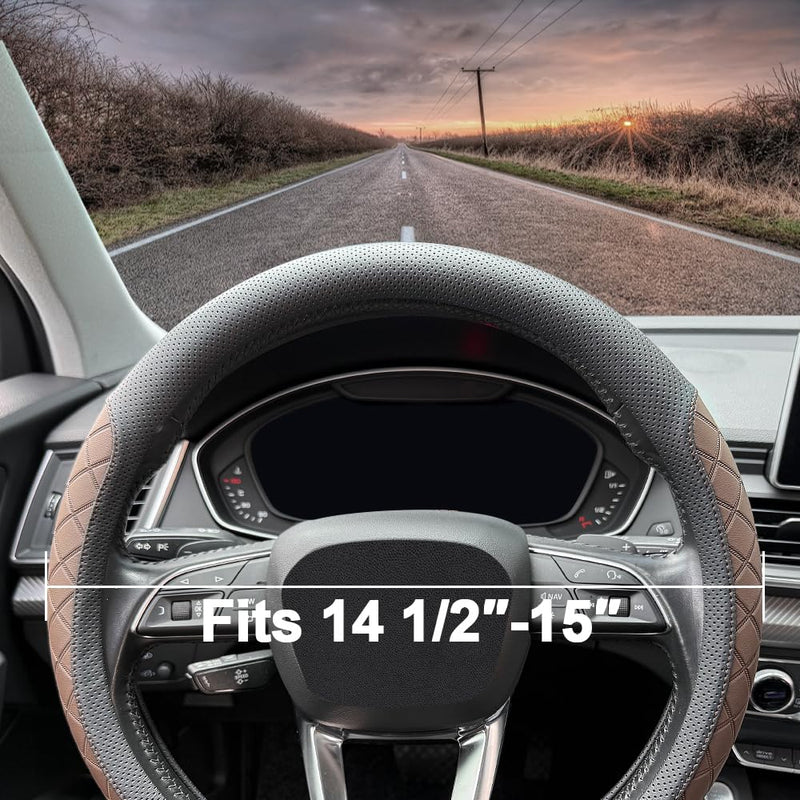 LKWLIKEI Nappa Leather Steering Wheel Cover,Elegant Diamond Checkered Design, Non-Slip wear-Resistant, Enhance Driving Comfort, Suitable for Steering Wheel Diameter 14 1/2‘-15’ Models.Black Brown Black Brown