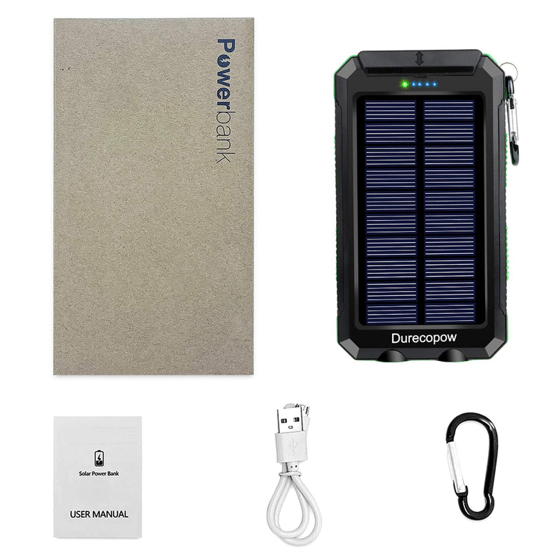 Solar Charger, 20000mAh Portable Outdoor Waterproof Solar Power Bank, Camping External Backup Battery Pack Dual 5V USB Ports Output, 2 Led Light Flashlight with Compass (Green) Green