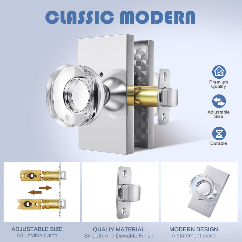 Polished Chrome Crystal Privacy Door Knob, Zinc Alloy, 1Pack | Glass Interior Door Handle for Bedroom Bathroom |Water Proof|Adjustable Latch|Reversible Polished Chrome
