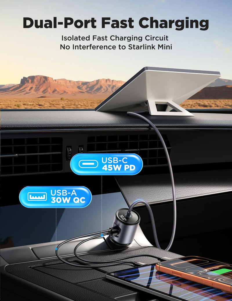 JOYROOM Starlink Mini Car Adapter, 12V-24V to 30V DC Step-Up Converter | 30V Step-Up, Ultra Stable, No Reboot, Digital Voltage Display, 3-in-1 w/ Dual-Port USB Fast Charging for Car, RV, Truck, Boat Grey