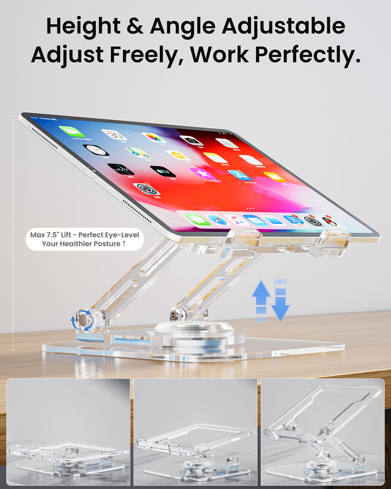 Laptop Stand for Desk - Adjustable, Foldable Clear Acrylic Riser with 360° Rotating Base, Ergonomic Laptop Holder for MacBook Pro/Air & 10-16” Notebooks Acrylic - Transparent color