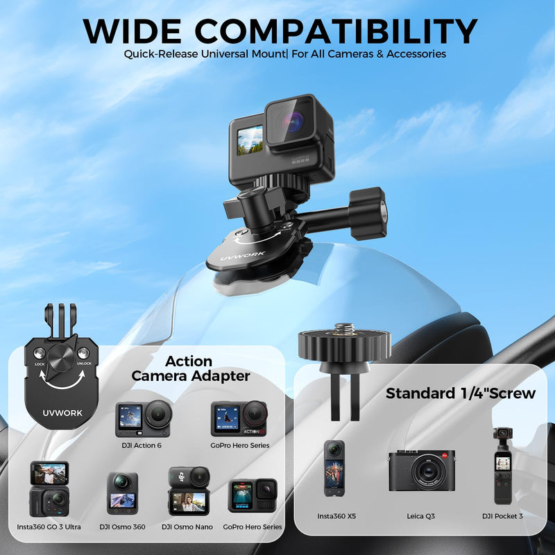 Motorcycle Windshield Camera Mount, Aluminum Alloy Clamp Holder Compatible with Gopro Hero13 12 11 10 9 8DJI Osmo Action 5 4 Insta360 X5 X4 X3,with 1/4" Thread Quick-Release Design 3.5*2*2.5