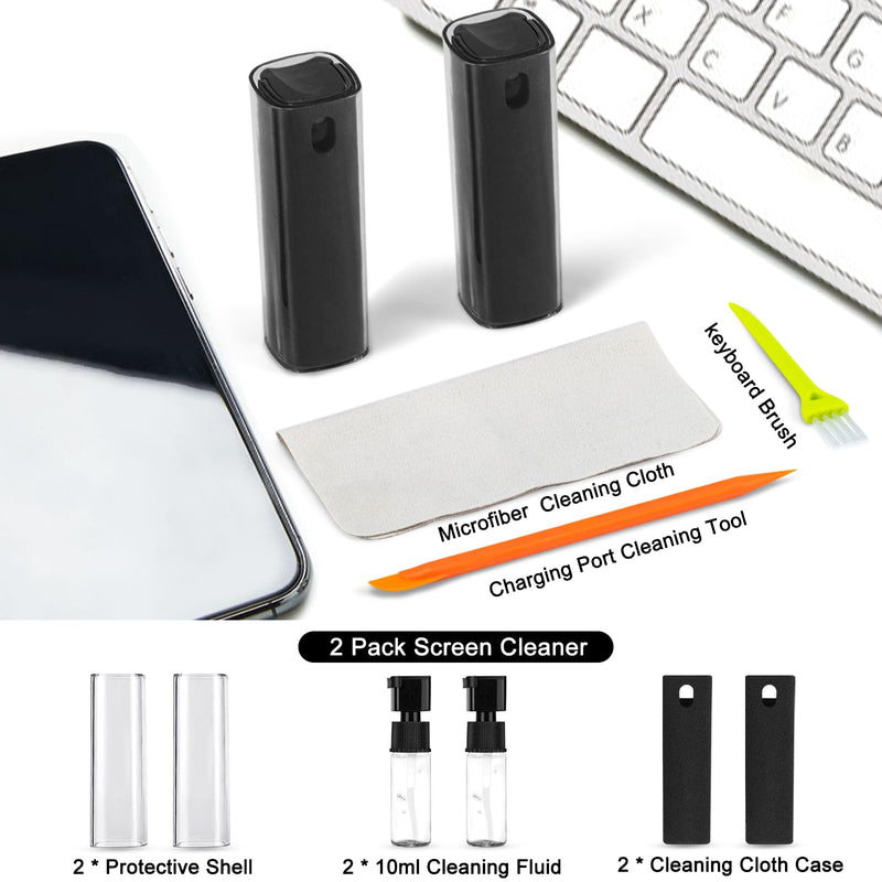 Screen Cleaner 2 Pack, Mobile Phone Screen Wipe, Laptop Cleaning Electronic Kit for Airpods, Car, iPhone, iPad, Macbook, Tablet, Monitor,Lens, TV with Cloth, Brush and Pen - Black Black