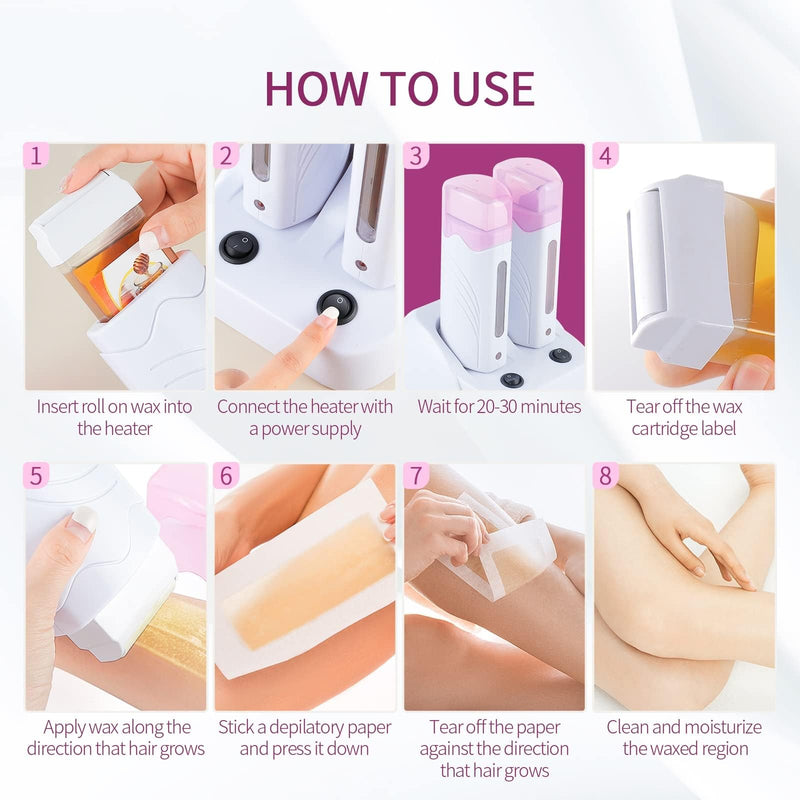 Electric Roll On Wax Warm Machine,Double Wax Roller Heater | Wax melter with wax cartridge for hair removal, with stand,Depilatory Waxing Heater for Home Salon Use Pink