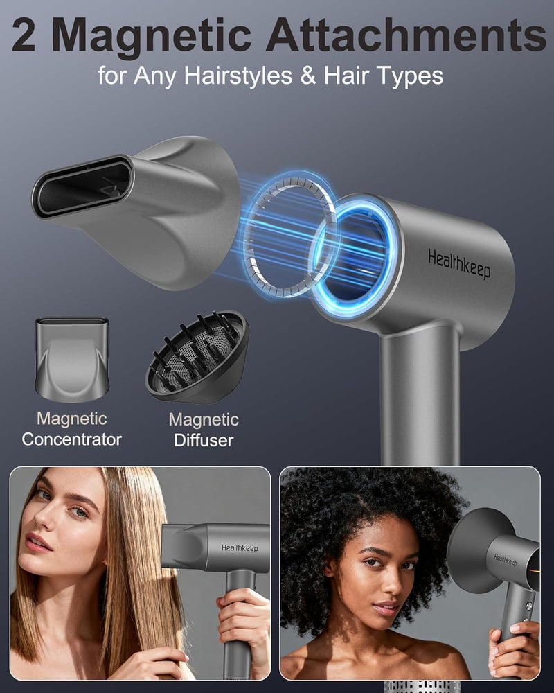 Healthkeep Hair Dryer with 2 Diffuser for Curly-Hair, High-Speed Constant-Temp 5 Mins Make Hairstyle, 200M Negative Ionic Blow-Dryer Moisturizing and Hair-Care, Low Noise 150,000 RPM Brushless Motor
