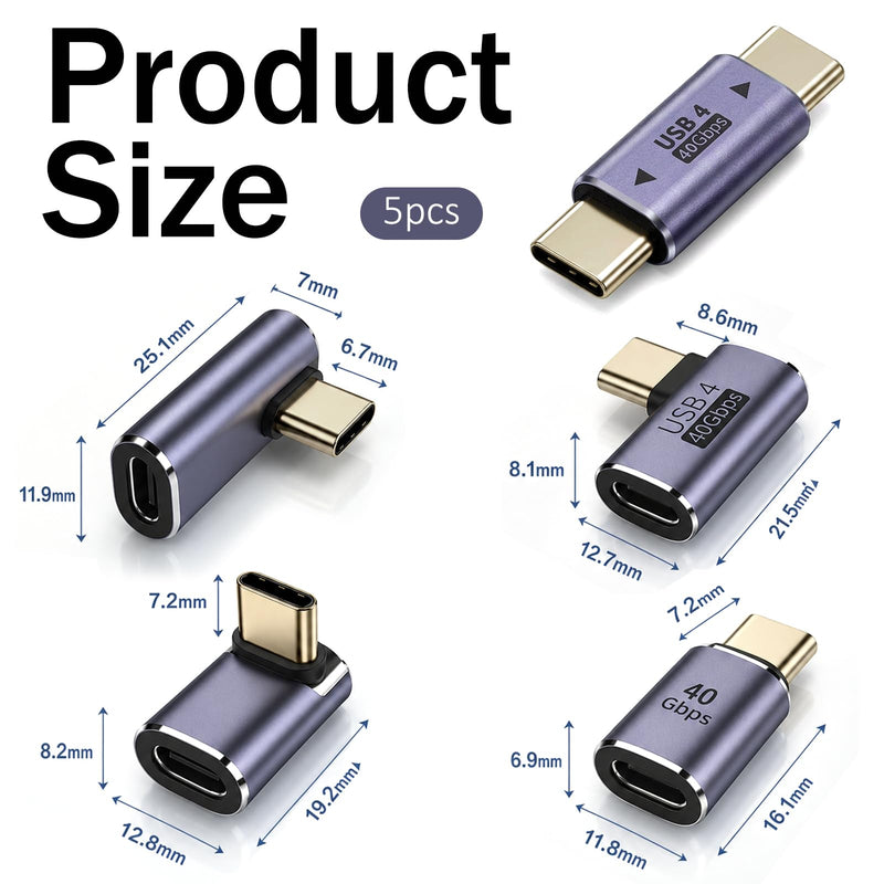 5 Pack 5 Style USB C Right Angle Adapter, 90 Degree USB C Male to Female Adapters Right Angle Type-C Adapter Extender for Notebook Computers, Tablet and Mobile Phones 40Gbps 100W PD