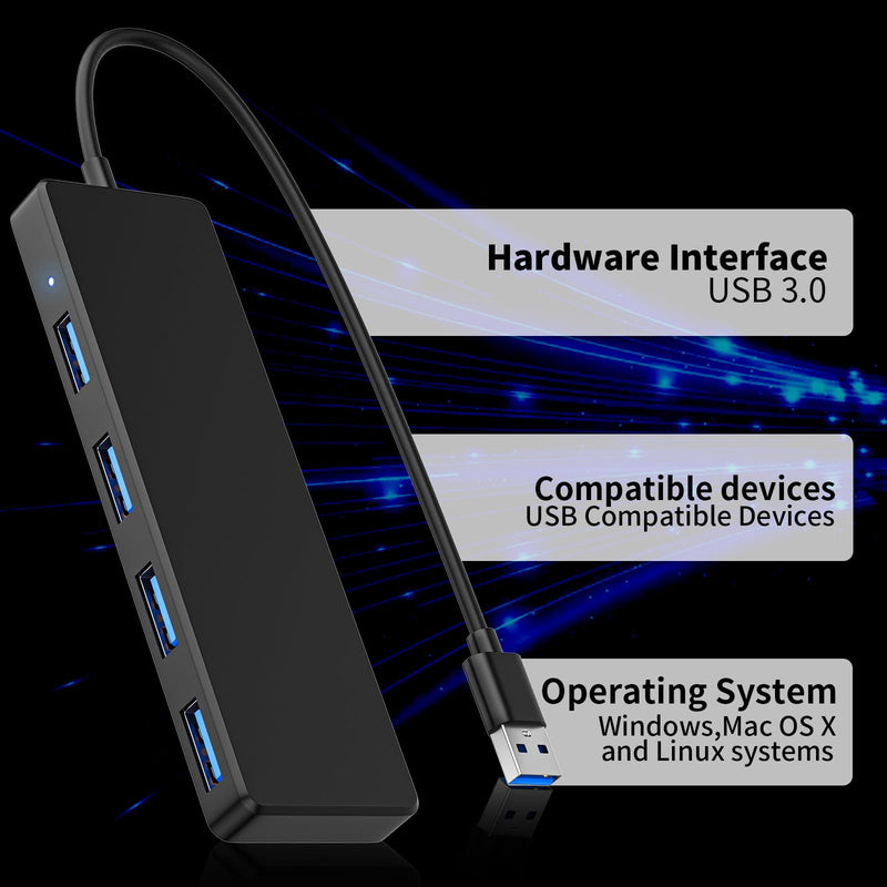 USB 3.0 Hub, 4 Ports USB A Splitter Ultra Slim Mini USB Expander, Multiple USB Hub for Laptop, PC, Xbox, Flash Drive, HDD, Console, Printer, Camera, Keyborad, Mouse and More(2ft) 2FT