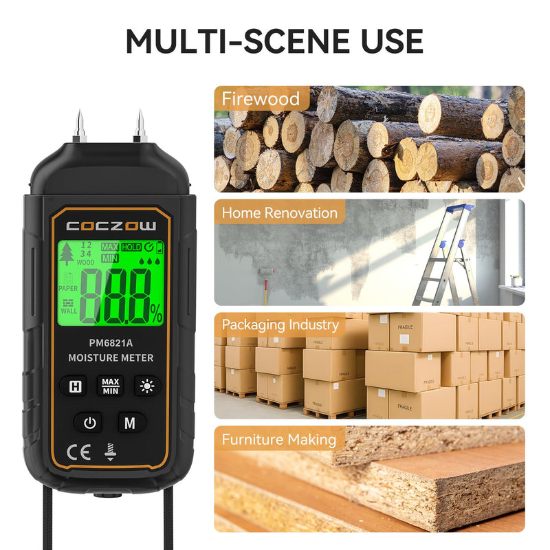 Moisture meter, moisture meter with battery and LCD display, suitable for quickly determining the moisture content of raw wood, paper, plywood, plaster walls, wooden floors, etc.