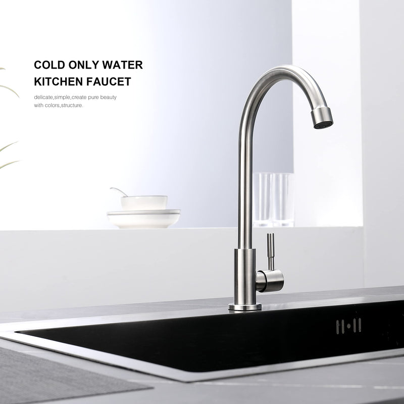 Cold Water Only Kitchen Faucet, Solid Stainless Steel Bar Deck Mount Cold Faucet for Outdoor Sink with Supply Line