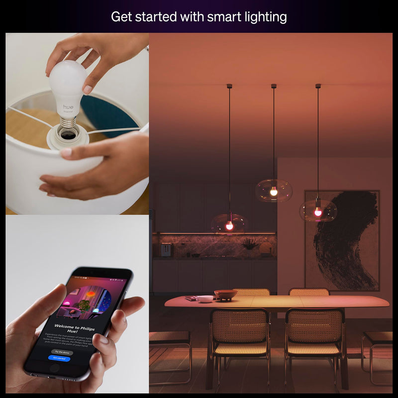 Philips Hue Essential Smart LED A19 Bulb 4-Pack, White and Color Ambiance, E26, 7.2W, 2200K-6500K, 800 Lumens, Dimmable LED Bulbs, Works with Alexa, Google Assistant, Apple Home 4 Pack